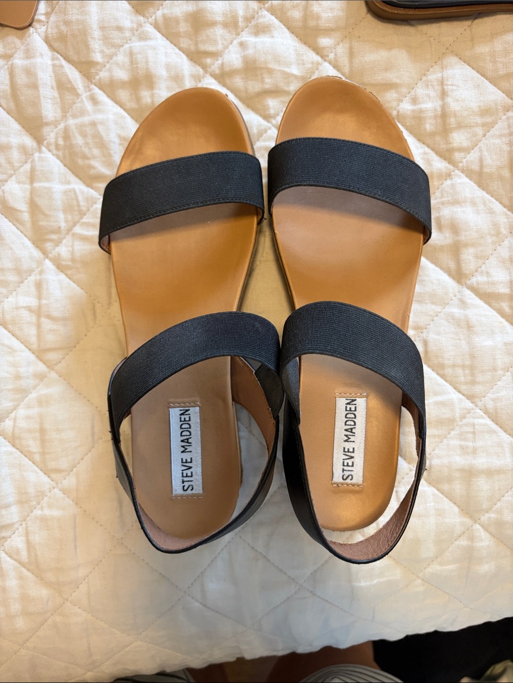 Steve Madden Black and Tan Elastic-Strap Women's Sandals